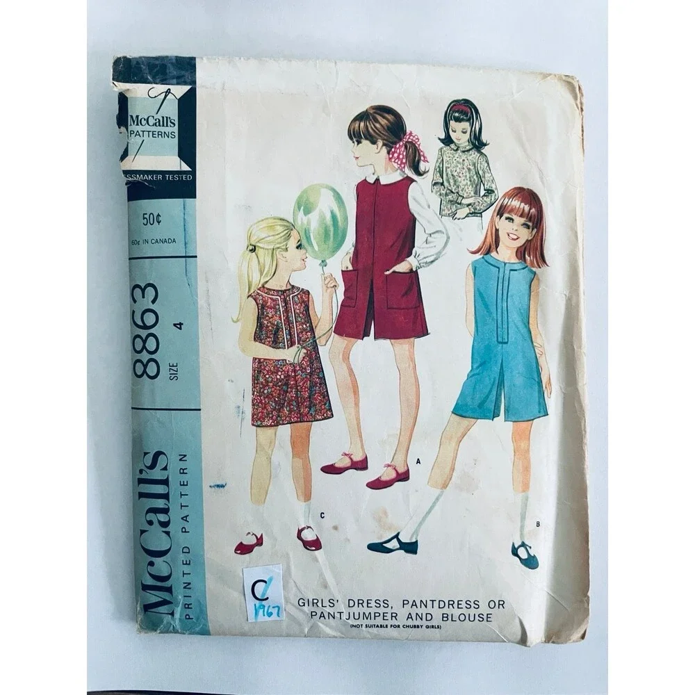 Vintage 60s McCalls 8863 Girls Dress Pantdress Jumper Blouse Pattern Sz 4 CUT